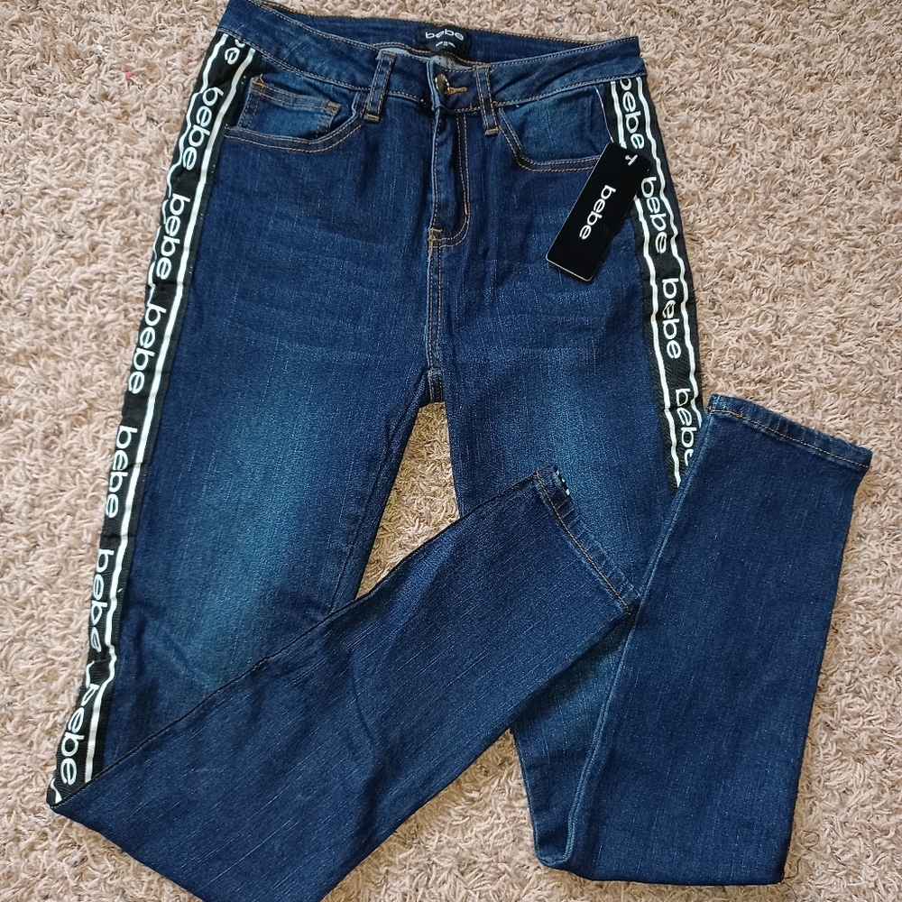 Bebe Women's High Rise Skinny Logo Stiped Blue Jean Pants